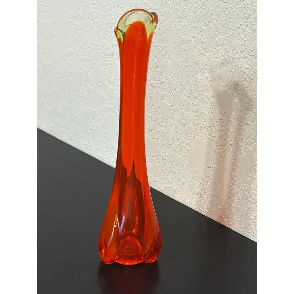 Vintage MCM Vikcing Glass Orange Persimmon Color- Swung Bud Vase- 10